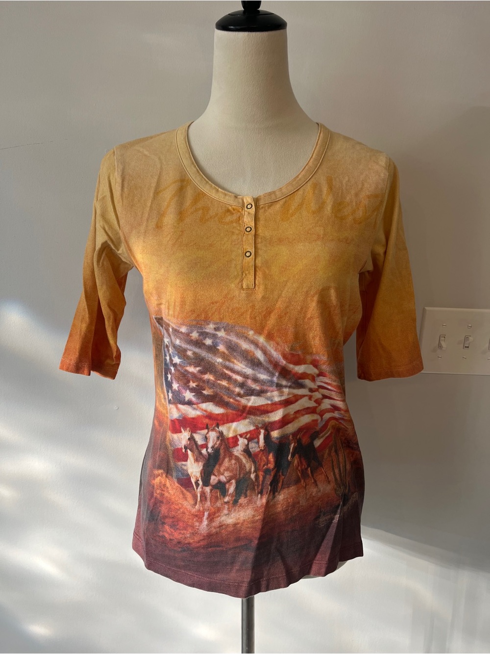 Natural Reflections Yellow Orange Henley Tee with Flag & Horse Graphic
